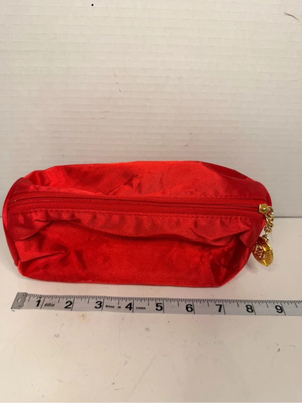 Yves Saint Laurent YSL Red Satin Cosmetic Makeup Bag with Logo Charm